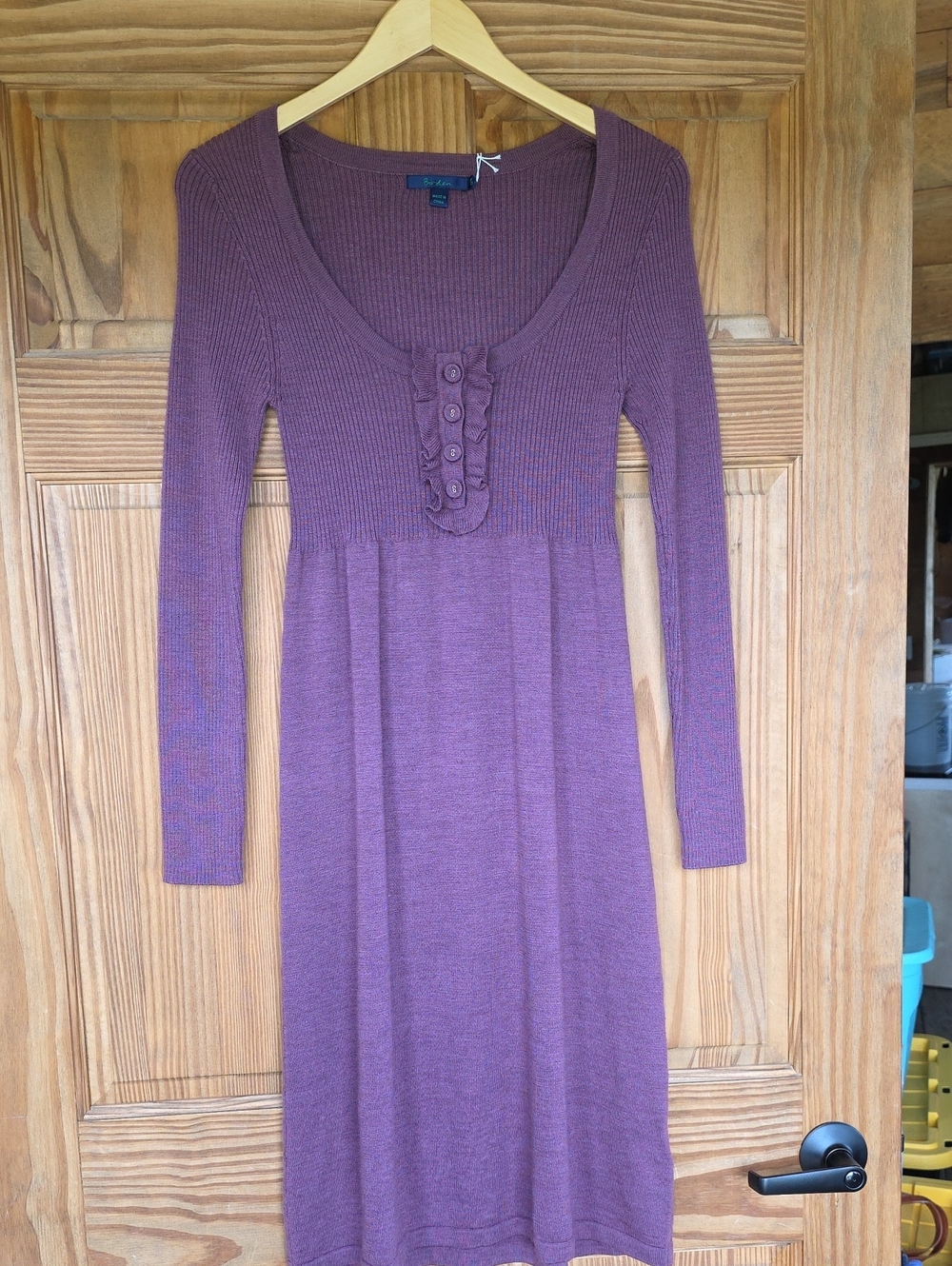 Boden 100% Wool Plum/Dusty Purple Ribbed Knit Long-Sleeve Ruffle Dress 12R NWT